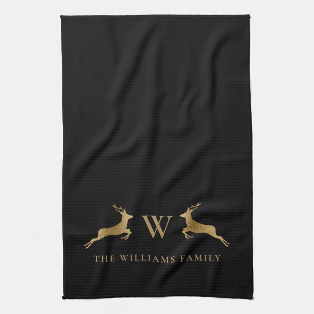 Family Name Monogram Gold Deer Black Tea Towel (Vertical)