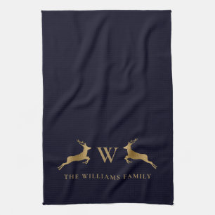 Family Name Monogram Gold Deer Midnight Navy Tea Towel