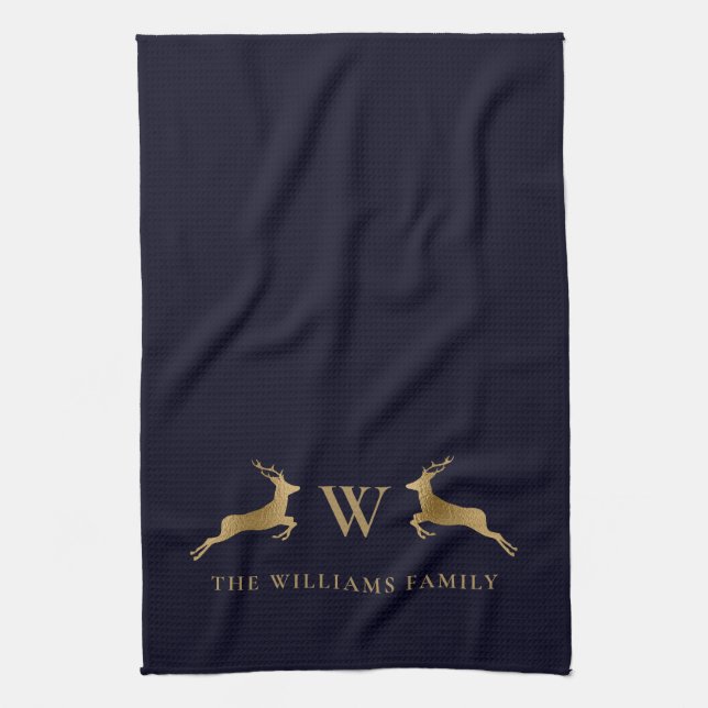 Family Name Monogram Gold Deer Midnight Navy Tea Towel (Vertical)