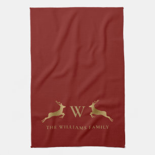 Family Name Monogram Gold Deer Red Tea Towel