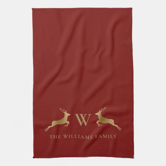 Family Name Monogram Gold Deer Red Tea Towel (Vertical)