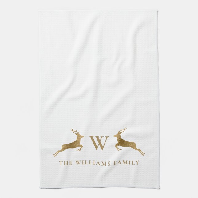 Family Name Monogram Gold Deer Tea Towel (Vertical)