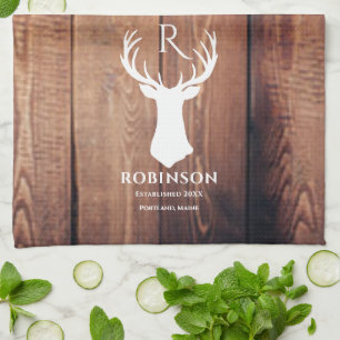Family Name Monogram Lake Rustic Deer Antler Wood Tea Towel