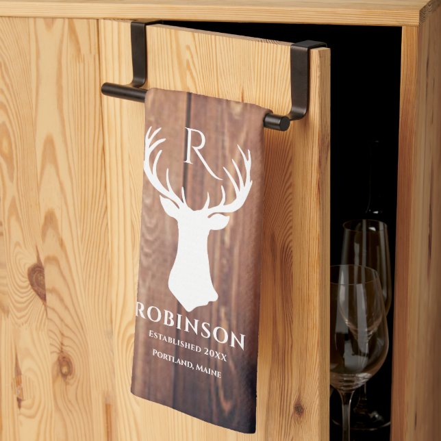 Family Name Monogram Lake Rustic Deer Antler Wood Tea Towel (Thirds Fold)
