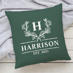 Family Name Monogram Laurel Established Hunter Cushion<br><div class="desc">Family Name Monogram Laurel Year Established Hunter Green Throw Pillow. Personalise this custom design with your own monogrammed initial,  family name and year established.</div>