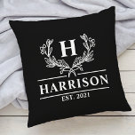 Family Name Monogram Laurel Year Established Black Cushion<br><div class="desc">Add a touch of elegance to your home decor with our personalised monogram family name throw pillow featuring a beautiful laurel design. The pillow is customised with your family name and a personalised year established text, making it a perfect addition to your living room or bedroom. Made with high-quality materials,...</div>