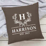 Family Name Monogram Laurel Year Established Brown Cushion<br><div class="desc">Family Name Monogram Laurel Year Established Brown Throw Pillow. Personalise this custom design with your own monogrammed initial,  family name and year established.</div>