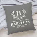 Family Name Monogram Laurel Year Established Grey Cushion<br><div class="desc">Family Name Monogram Laurel Year Established Grey Throw Pillow. Personalise this custom design with your own monogrammed initial,  family name and year established.</div>