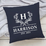 Family Name Monogram Laurel Year Established Navy Cushion<br><div class="desc">Add a touch of elegance to your home decor with our personalised monogram family name throw pillow featuring a beautiful laurel design. The pillow is customised with your family name and a personalised year established text, making it a perfect addition to your living room or bedroom. Made with high-quality materials,...</div>