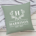 Family Name Monogram Laurel Year Established Sage Cushion<br><div class="desc">Family Name Monogram Laurel Year Established Sage Throw Pillow. Personalise this custom design with your own monogrammed initial,  family name and year established.</div>
