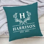 Family Name Monogram Laurel Year Established Teal Cushion<br><div class="desc">Family Name Monogram Laurel Year Established Dark Teal Throw Pillow. Personalise this custom design with your own monogrammed initial,  family name and year established.</div>