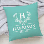 Family Name Monogram Laurel Year Established Teal  Cushion<br><div class="desc">Family Name Monogram Laurel Year Established Light Teal Throw Pillow. Personalise this custom design with your own monogrammed initial,  family name and year established.</div>