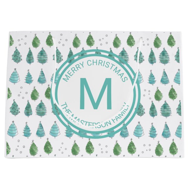 Family Name Monogram Merry Christmas Trees Green Large Gift Bag (Front)