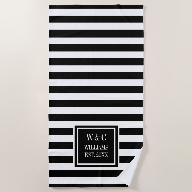 Family Name Monogram Navy Black White Stripe Beach Towel (Front)