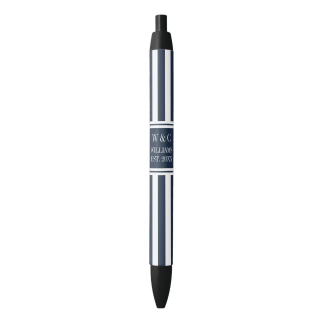 Family Name Monogram Navy Blue White Stripe Black Ink Pen (Front Vertical)