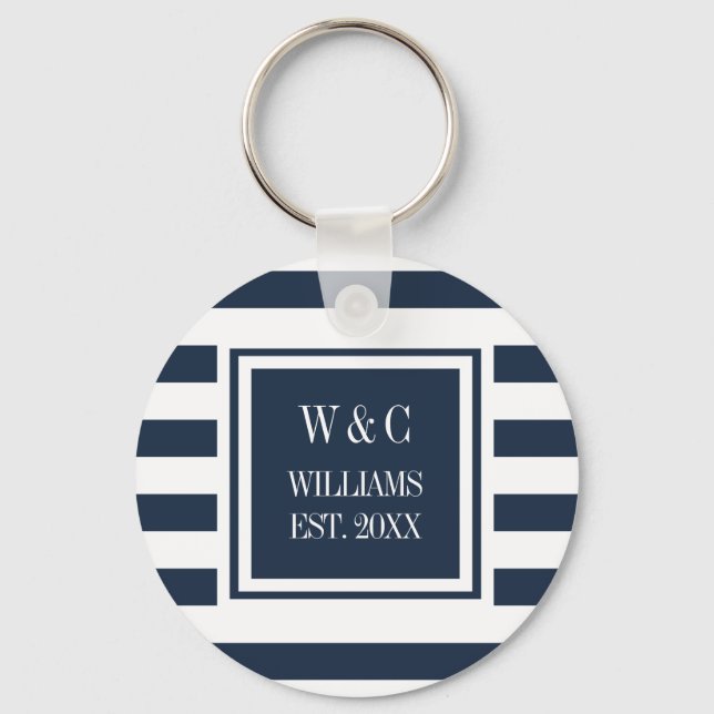 Family Name Monogram Navy Blue White Stripe Key Ring (Front)