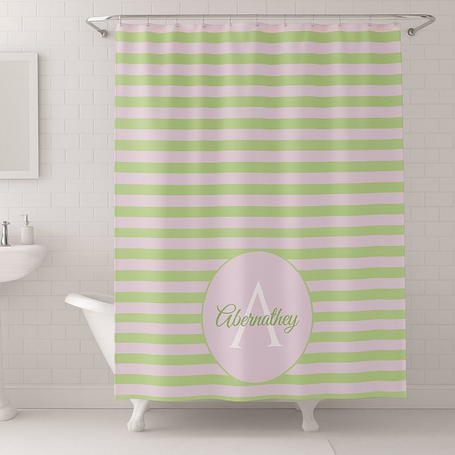 Family Name Monogram Pastel Pink Green Striped Shower Curtain (Personalized pastel striped shower curtain.)
