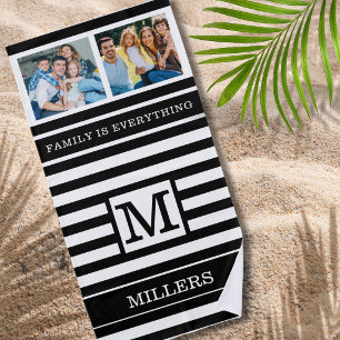 Family Name Monogram Quote 2 Photo Black Stripes Beach Towel