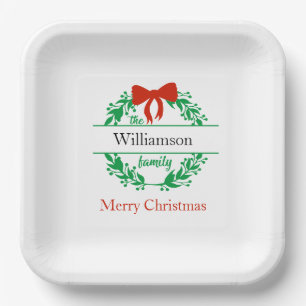 Family Name Monogram Red Green Christmas  Paper Plate
