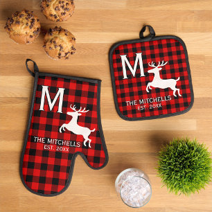 Family Name Monogram Rustic Deer Silhouette Oven Mitt & Pot Holder Set