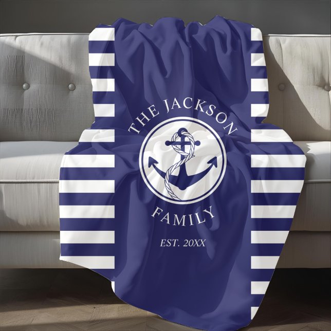 Family Name Nautical Anchor Blue Stripes Pattern Fleece Blanket (Family Name Nautical Anchor Blue Stripes Pattern Fleece Blanket)