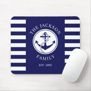 Family Name Nautical Anchor Blue Stripes Pattern Mouse Mat