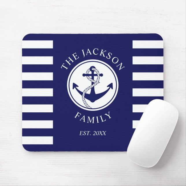 Family Name Nautical Anchor Blue Stripes Pattern Mouse Mat (With Mouse)