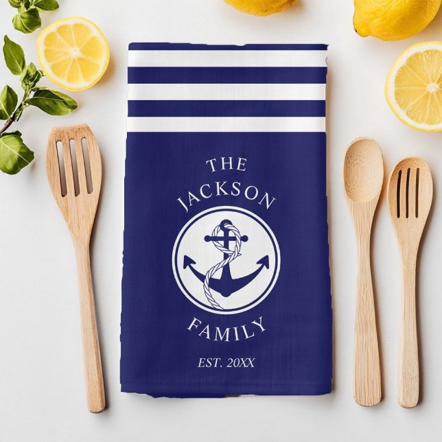 Family Name Nautical Anchor Blue Stripes Pattern Tea Towel (Family Name Navy Blue Nautical Anchor Kitchen Towel)