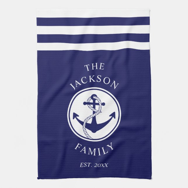 Family Name Nautical Anchor Blue Stripes Pattern Tea Towel (Vertical)