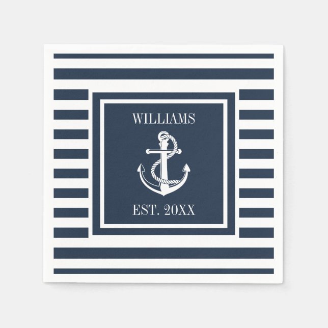 Family Name Nautical Anchor Boat Navy Blue Stripe Napkin (Front)