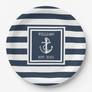 Family Name Nautical Anchor Boat Navy Blue Stripe Paper Plate