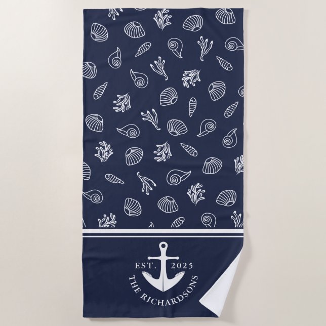 Family Name Nautical Anchor Coastal Navy Blue Beach Towel (Front)