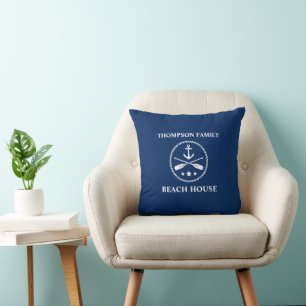 Family Name Nautical Anchor & Crossed Oars Navy Cushion