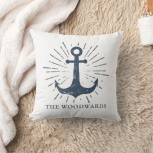 Family Name Nautical Anchor Navy Blue Cushion