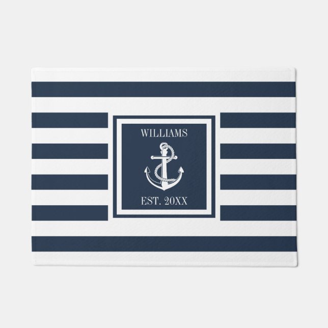 Family Name Nautical Boat Anchor Navy Blue Stripe Doormat (Front)