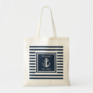 Family Name Nautical Boat Anchor Navy Blue Stripe Tote Bag