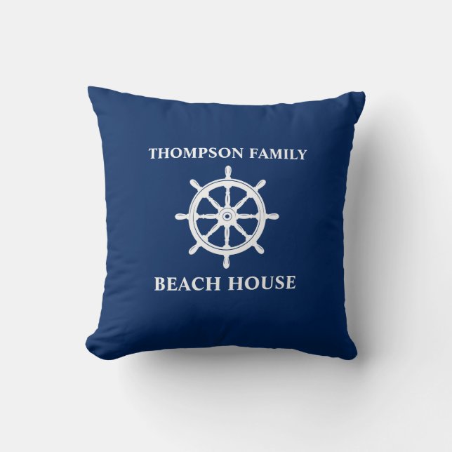 Family Name Nautical Ships Wheel Helm Navy Blue Cushion (Front)