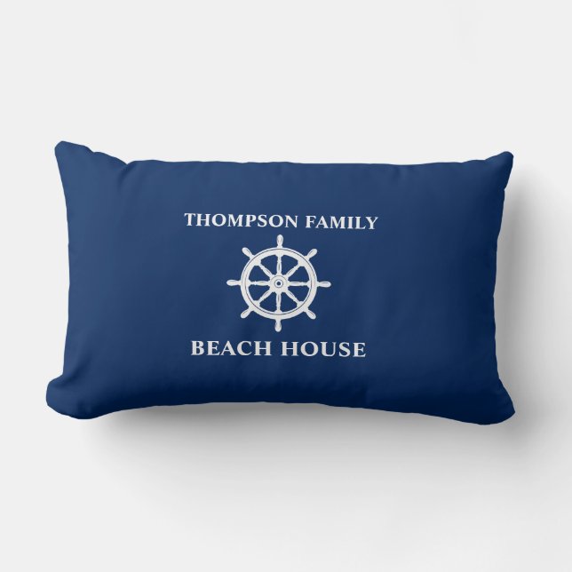 Family Name Nautical Ships Wheel Helm Navy Blue Lumbar Cushion (Front)