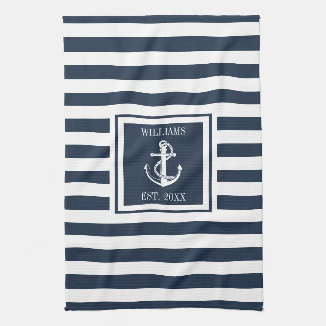 Family Name Navy Blue Stripe Nautical Anchor Boat Tea Towel (Vertical)