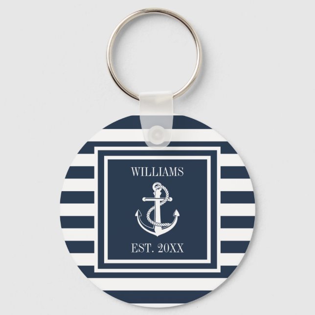 Family Name Navy Blue Striped Nautical Boat Anchor Key Ring (Front)