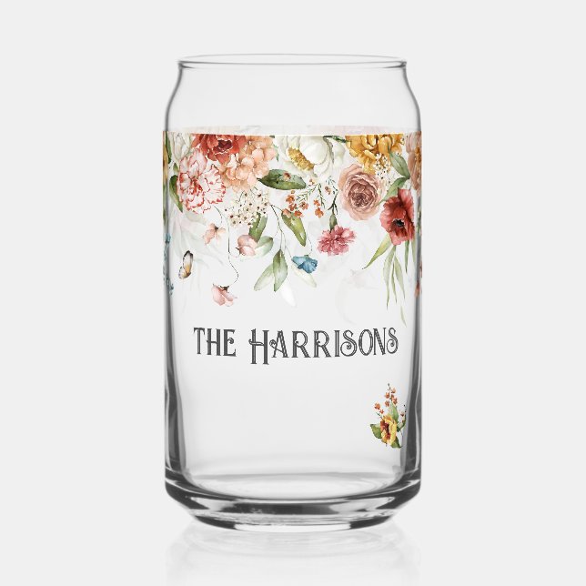 Family Name on Red Gold Peonies Floral Drop  Can Glass (Front)