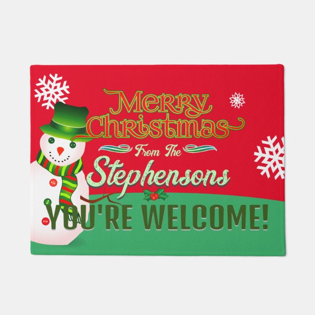 Family Name on Snowman RED Welcome  Doormat (Front)