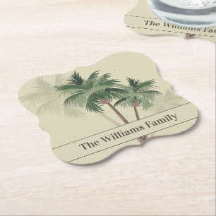 Family Name on Vintage Palm Trees Bracket Paper Coaster