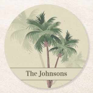 Family Name on Vintage Palm Trees Round Paper Coaster