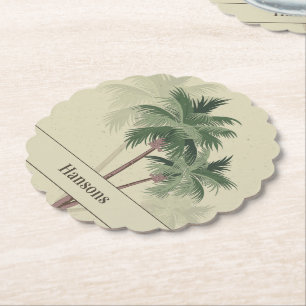 Family Name on Vintage Palm Trees Scallop Paper Coaster