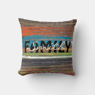 family name on wood stripes cushion