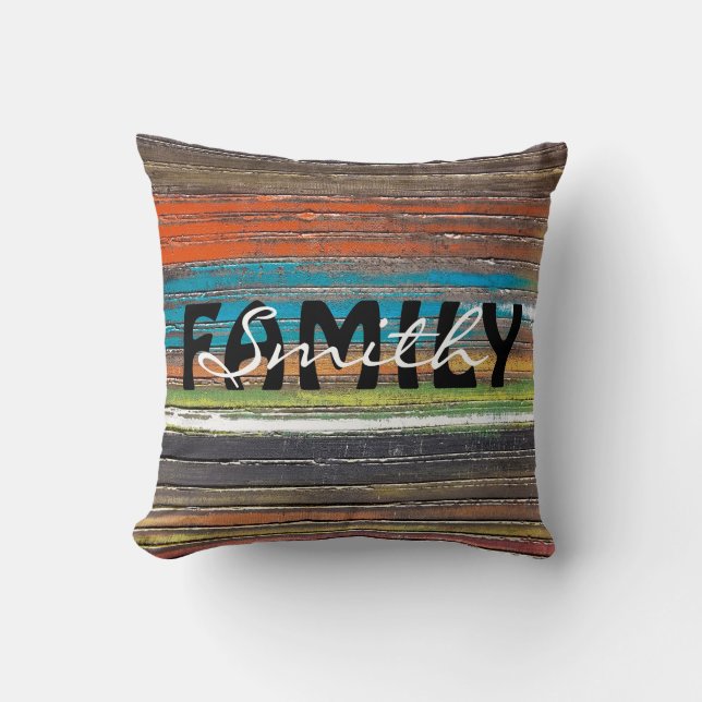 family name on wood stripes cushion (Front)
