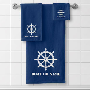 Family Name or Boat Nautical Ship Wheel Helm Navy Bath Towel Set