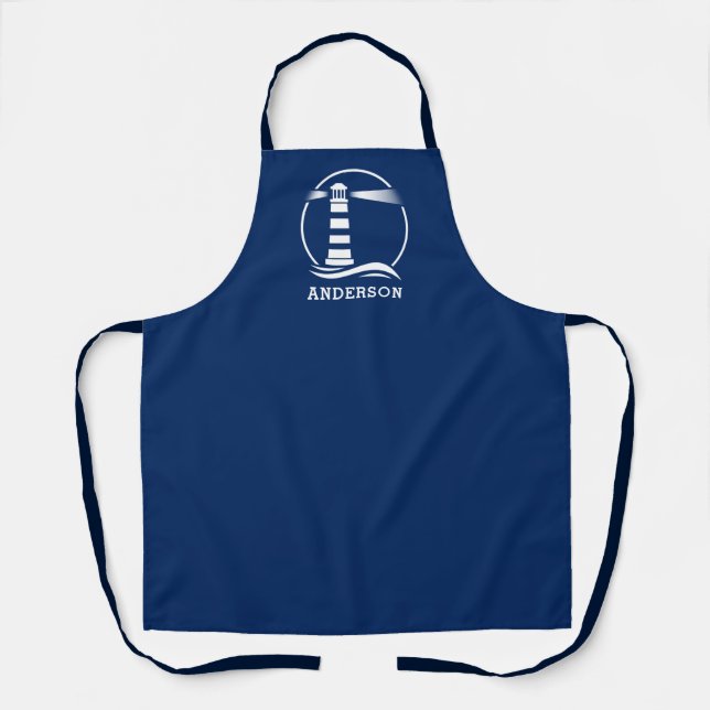 Family Name or Text Lighthouse Navy Blue White Apron (Front)