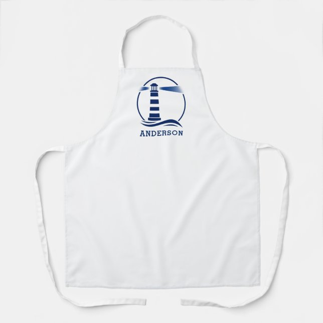 Family Name or Text Lighthouse White Navy Blue Apron (Front)